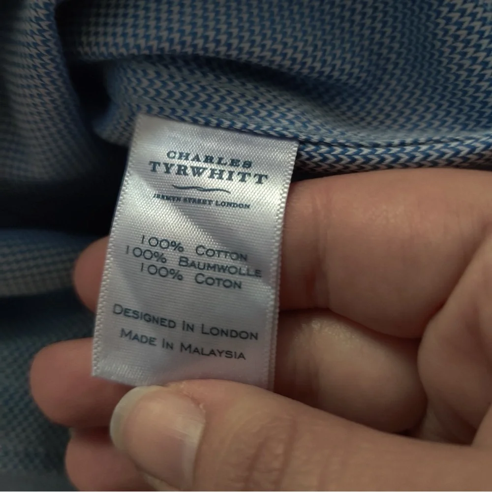 Charles Tyrwhitt Dress Shirt 15.5 37 Extra Slim Fit Non Iron Blue Herringbone - Picture 4 of 8